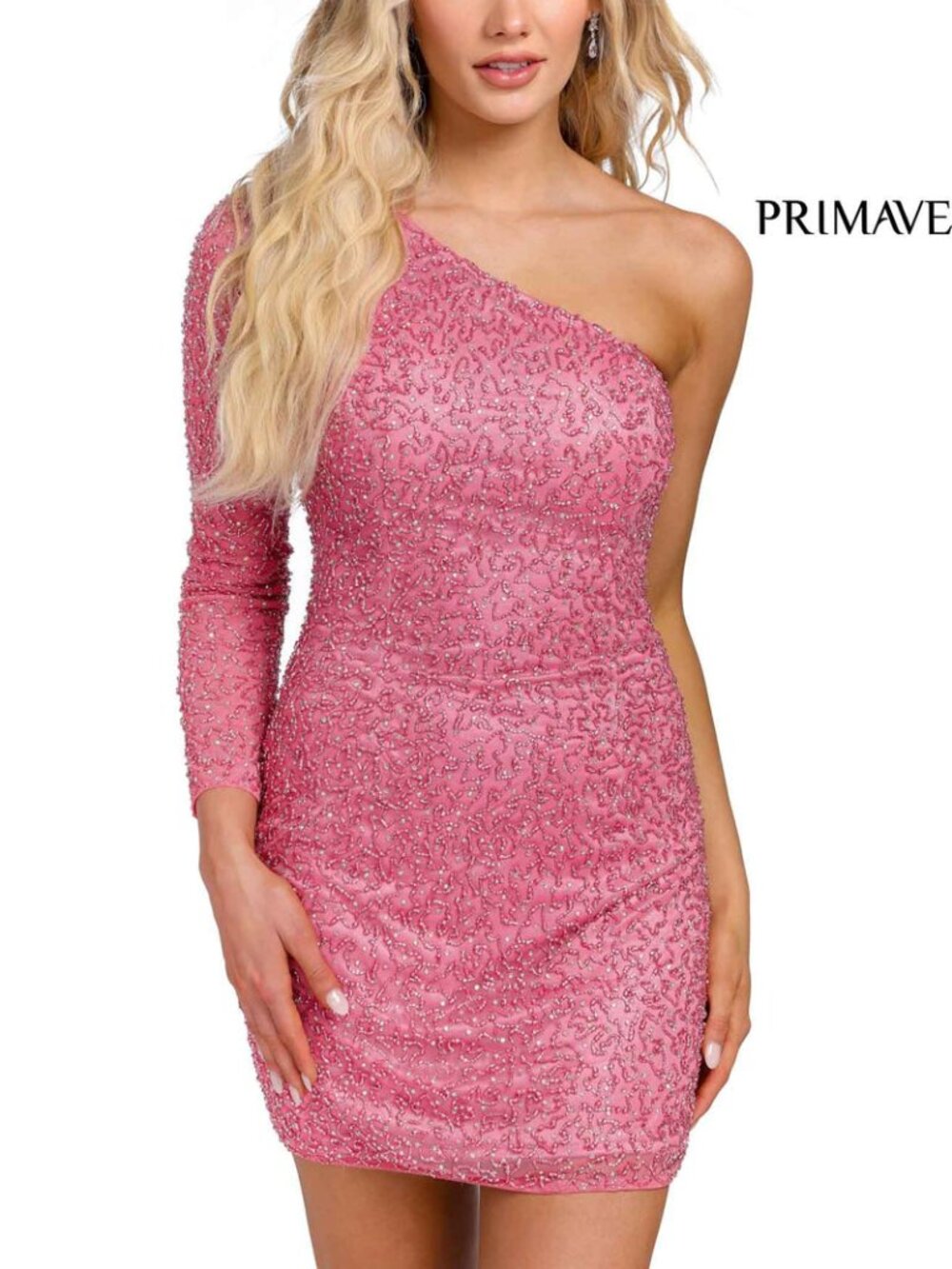 Primavera Couture 3849 Rose Pink One Sleeve Embellished Mini Dress Size 2 NWT
